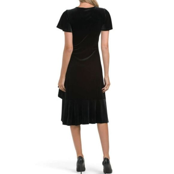 Anne Klein Dahlia Flutter Sleeve Velvet Midi Dress Black Wrap Style Size 12 - Picture 3 of 14